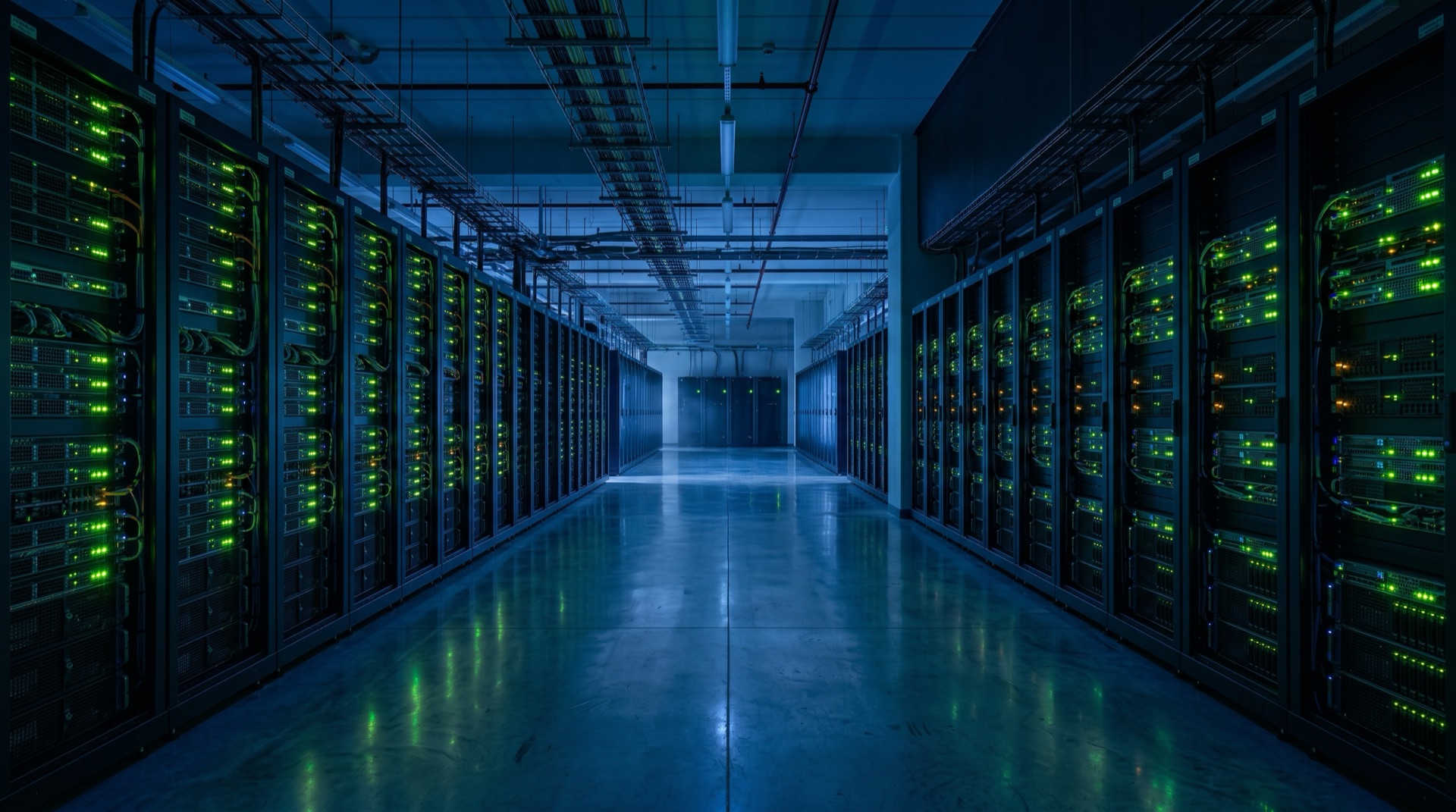 Sala de servidores con racks iluminados en azul y verde — SOLUTEC