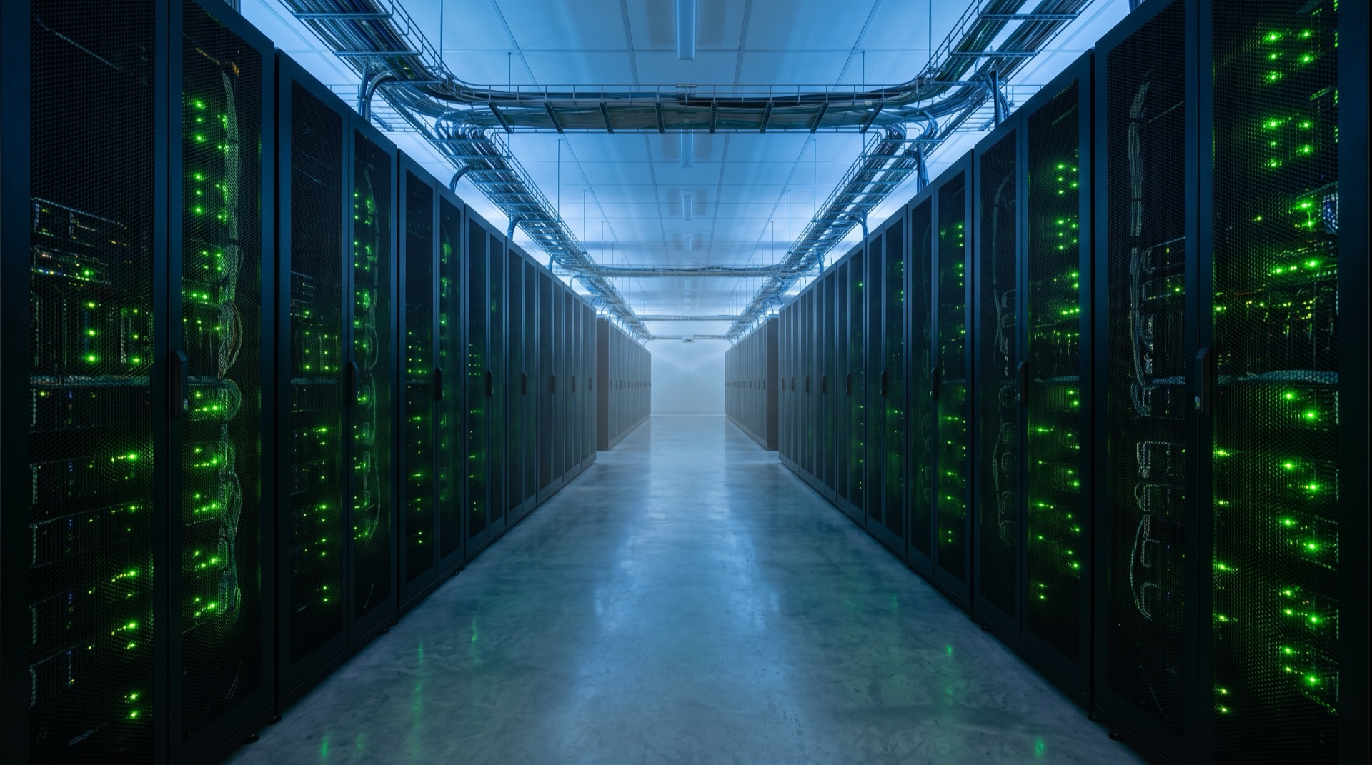 Pasillo de data center con luces verdes — refrigeración de precisión SOLUTEC