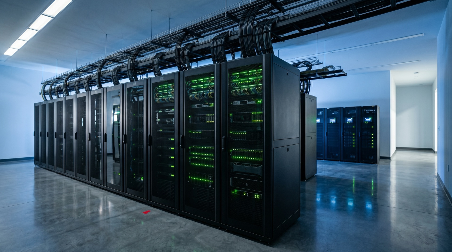 Racks modernos en sala de data center — infraestructura SOLUTEC