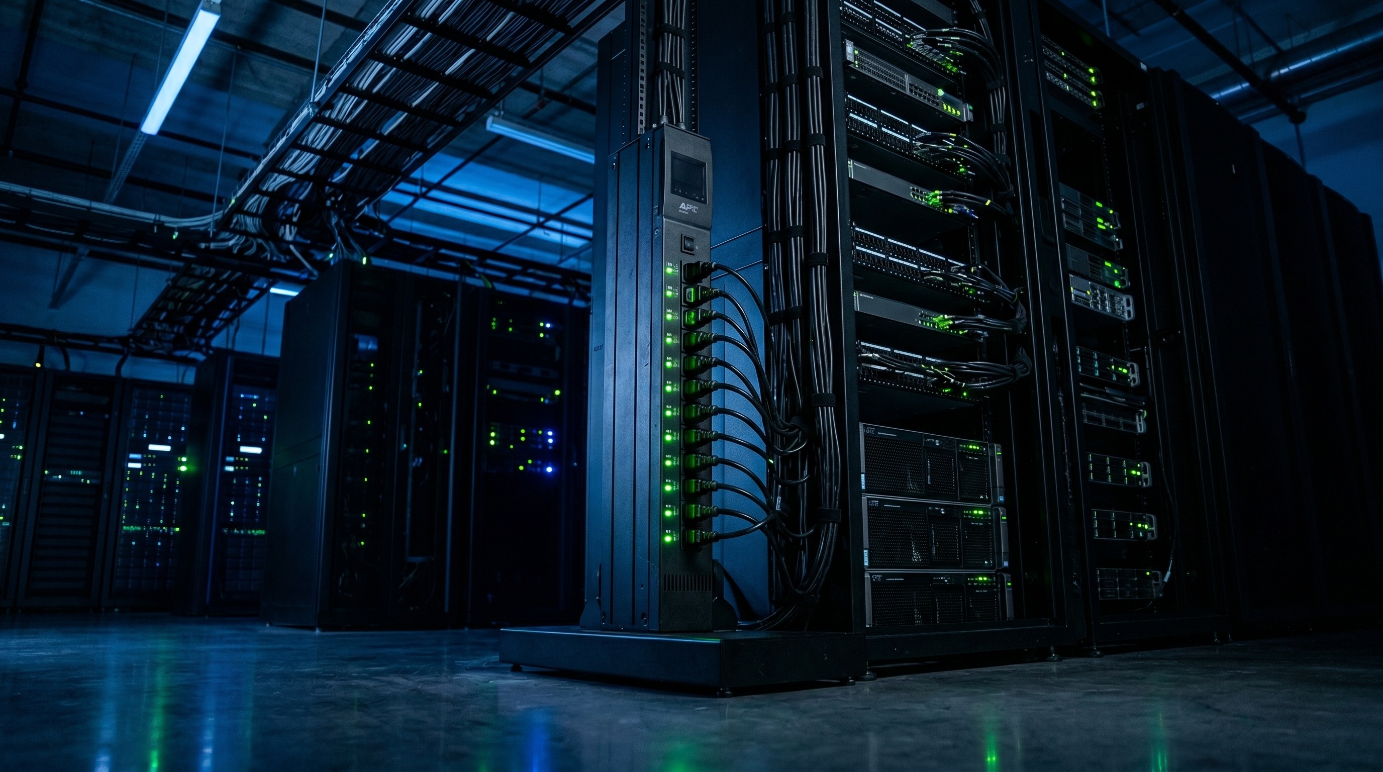Técnico revisando distribución eléctrica en data center — SOLUTEC