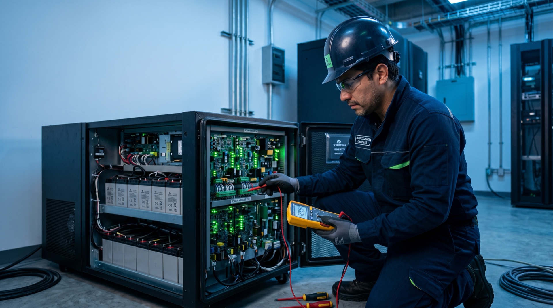 Técnico de SOLUTEC en sitio atendiendo equipo UPS