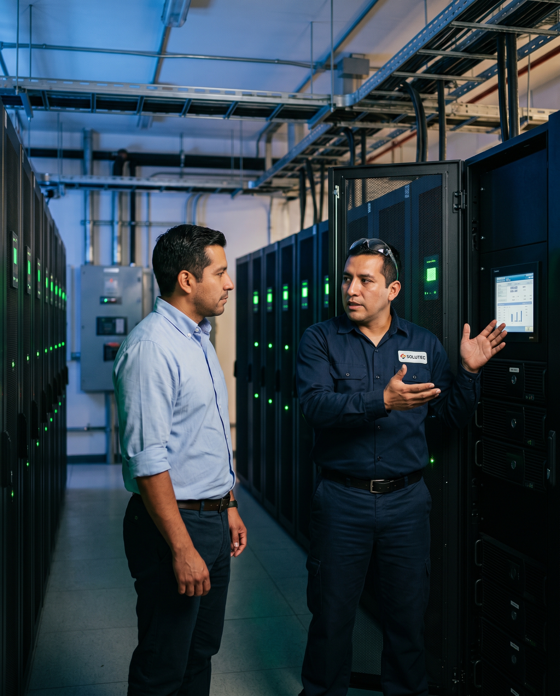 Técnico e ingeniero SOLUTEC en sala de servidores