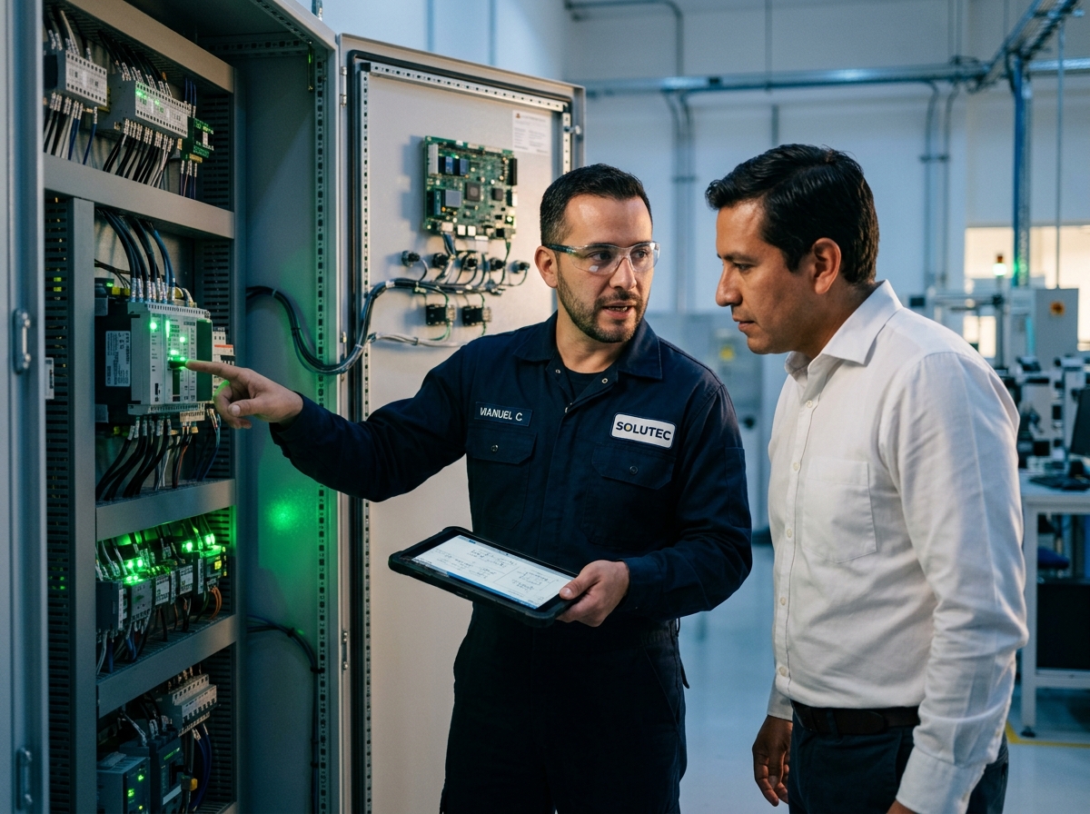 Técnico e ingeniero SOLUTEC revisando instalación eléctrica