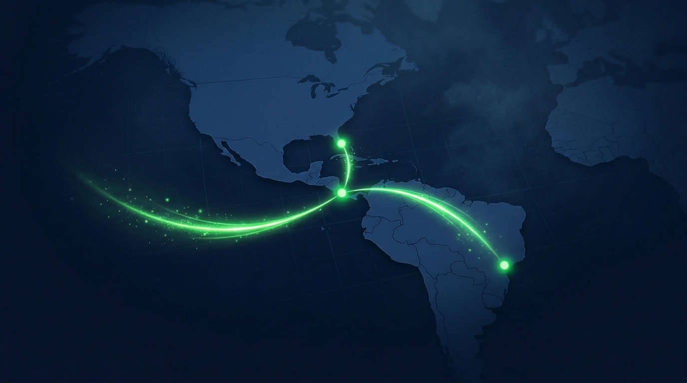 Mapa de conexiones Costa Rica — Sao Paulo — Miami, capacitaciones Schneider
