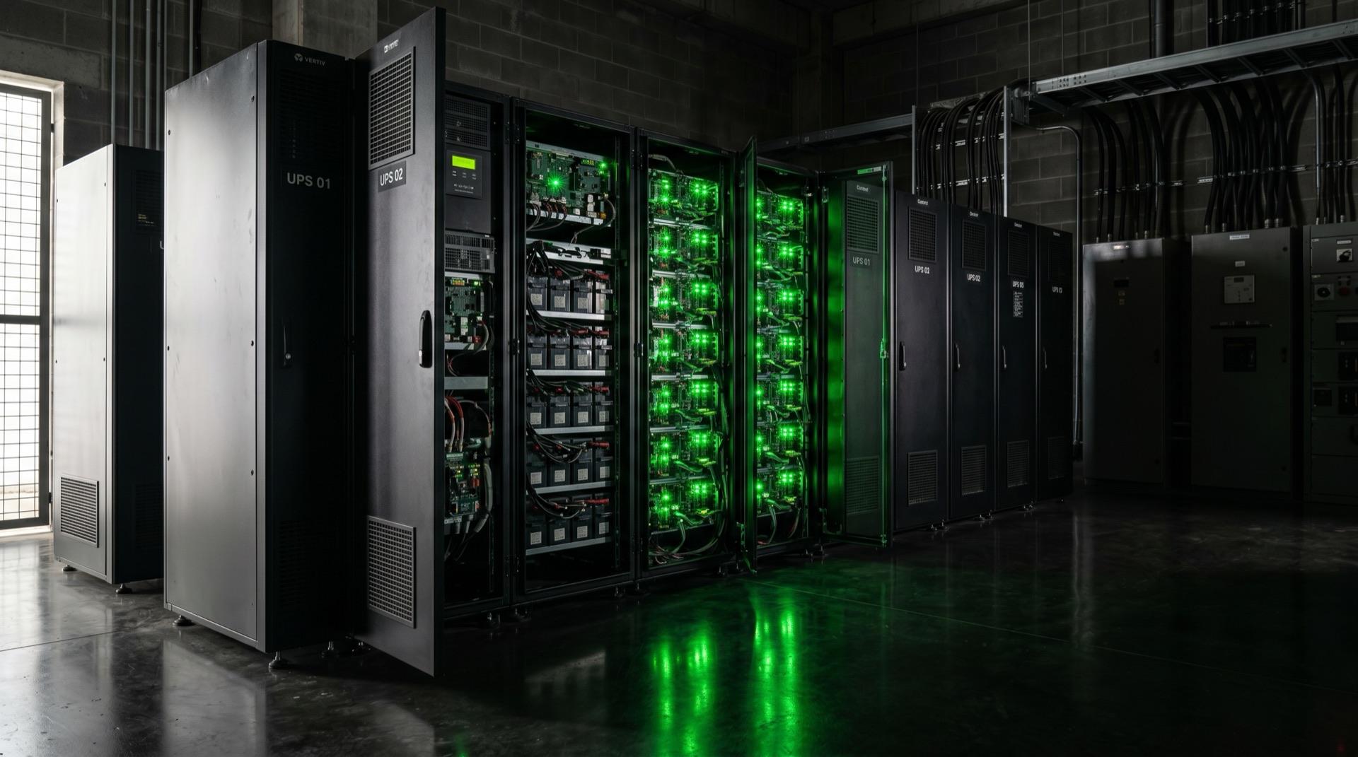 Gabinetes UPS con luces verdes — sistemas UPS SOLUTEC