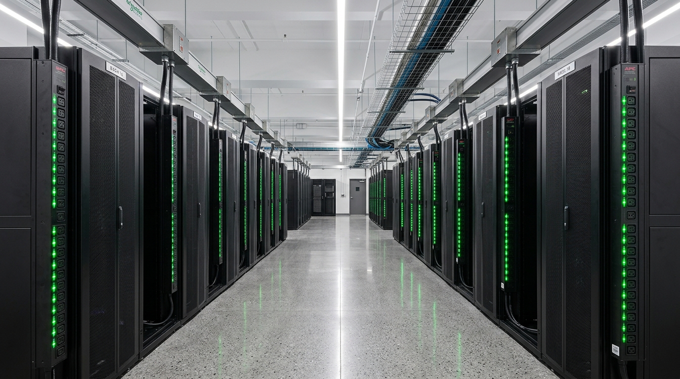 PDU APC con LEDs verdes en pasillo de racks — distribución de energía SOLUTEC