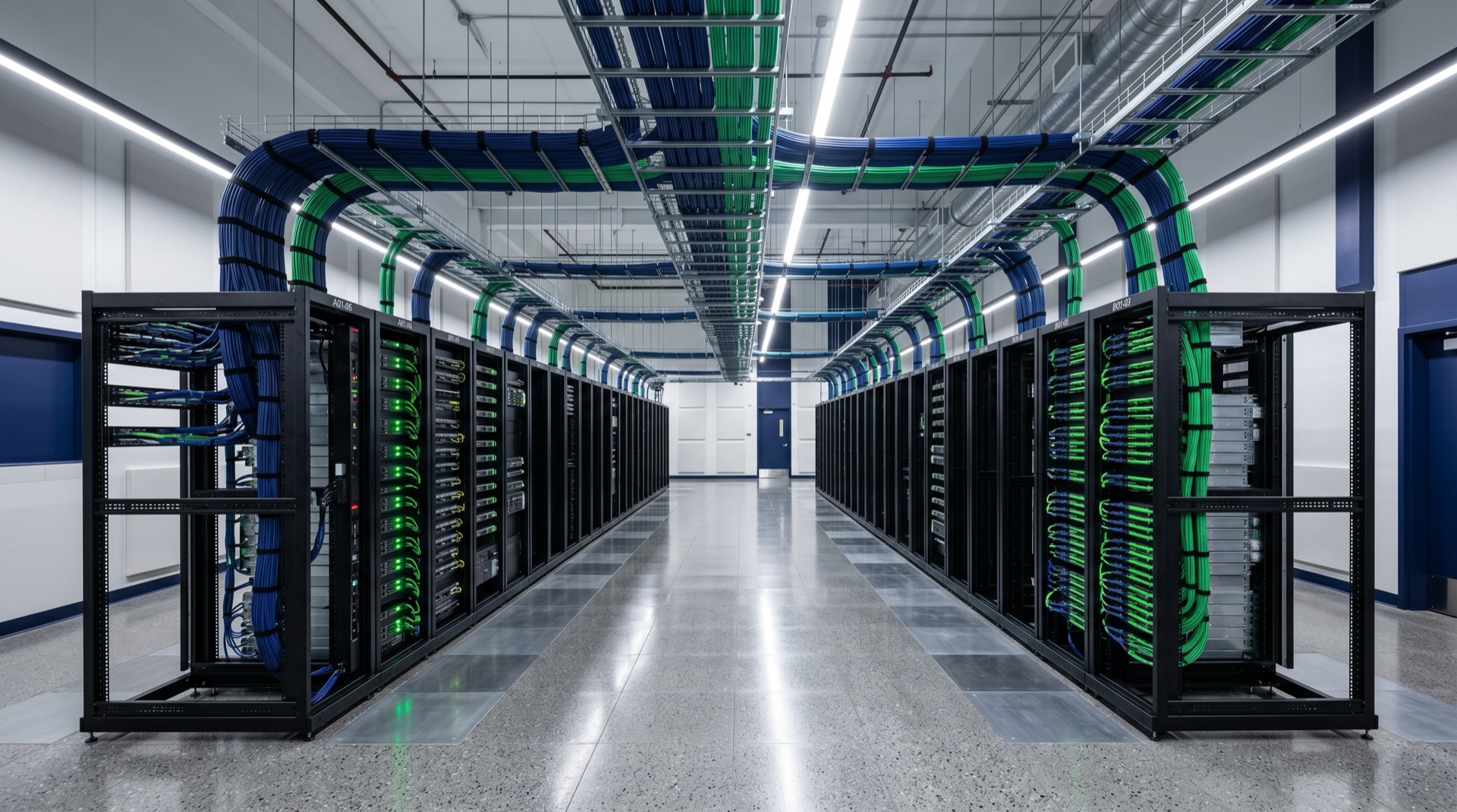 Sala de data center con racks NetShelter — infraestructura SOLUTEC