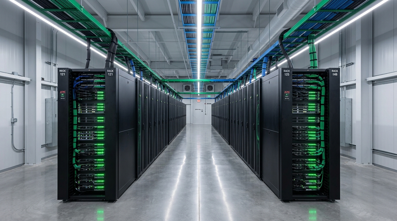 Pasillo de data center modular prefabricado con racks NetShelter — SOLUTEC