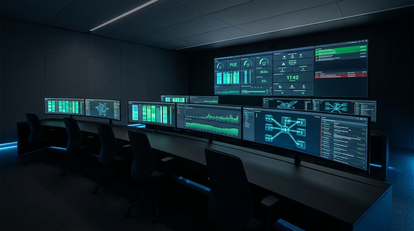 NOC con video wall y dashboards DCIM — SOLUTEC
